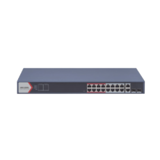 Switch PoE+ / Monitoreable / 16 puertos 10/100 Mbps PoE+ / 2 Puertos 1000 Mbps Uplink / 2 Puertos SFP de Uplink /  Configuración Nube Hik-Partner Pro / Modo Extendido hasta 300 metros / 230 W