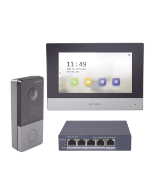 Kit de Videoportero IP + Switch Poe Poe Estandar con llamada a App de Smartphone (HikConnect) / Apertura con tarjeta MIFARE / Frente de calle IP65 / Soporta 1 Departamento