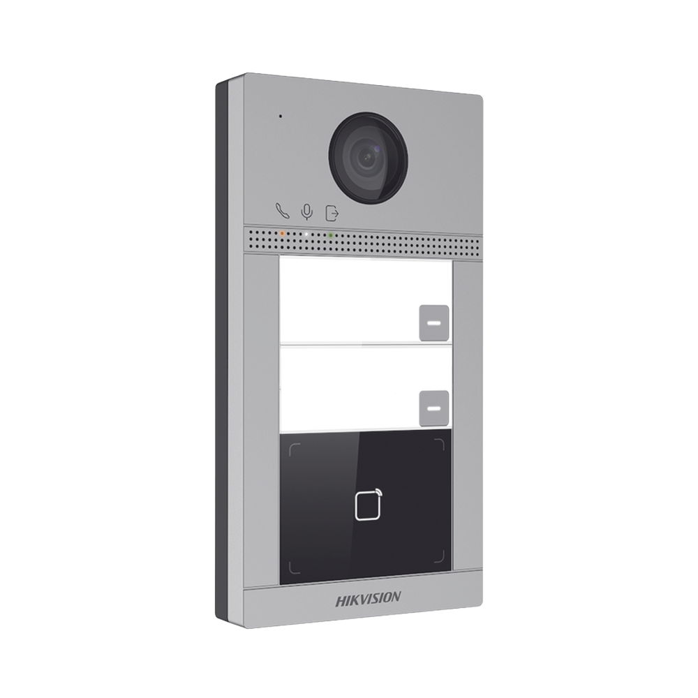 Videoportero IP 2 Megapixel / Llamada y Apertura Remota desde App Hik-Connect (requiere monitor) / PoE / Exterior IP65 + Antivandalico IK08 / 2 Departamentos / Apertura con Tarjeta / Soporta 2 Puertas y hasta 6 Monitores