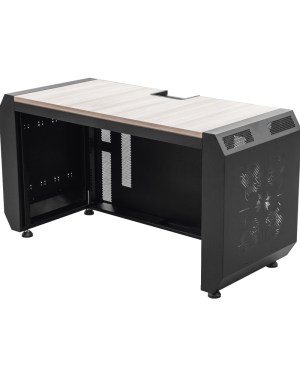 Consola Profesional para Monitoreo o Computo | Ranura para Base de Monitores | Microperforaciones | Luces LED Decorativas | Tomacorriente HTCM1U10C | Tapas Organizadoras de Cables | Niveladores | Rack para Montaje de Equipos | Ranura Pasaca