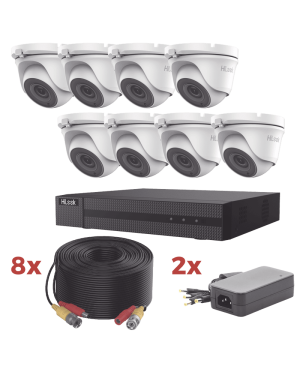 Kit TurboHD / DVR 8 Canales 1080p Lite / 8 Cámaras turret 1080p metalicas / 8 cables de 20 metros / 2 fuentes de 4 canales