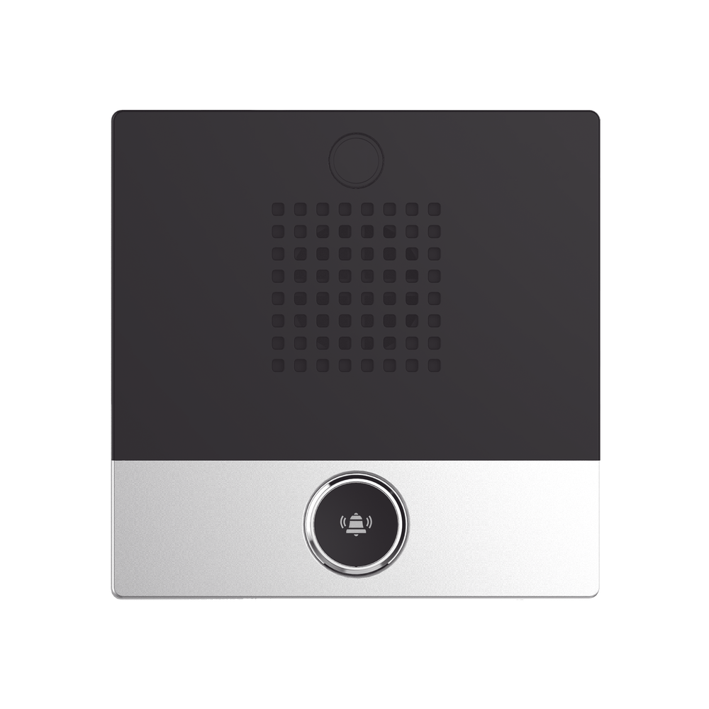 Mini Intercomunicador para hotelería y hospitales, con diseño elegante, PoE, 1 botón, 1 relevador integrado de salida y entrada.