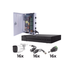 KIT TurboHD 1080p / DVR 16 Canales / 16 Cámaras Bala Policarbonato con Microfono (exterior 2.8 mm) / Transceptores / Conectores / Fuente de Poder Profesional