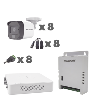 KIT TurboHD 1080p / DVR 8 Canales con audio por coaxitron / 8 Cámaras con Micrófono Integrado 101° Visión/  luz blanca + IR visión nocturna  / Transceptores / Conectores / Fuente de Poder Profesional