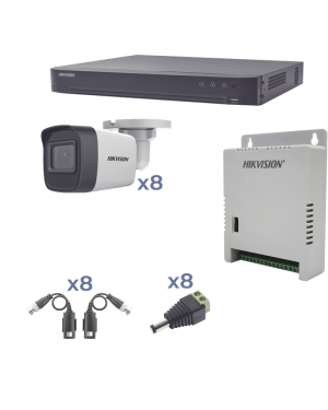 KIT TurboHD 1080p / DVR 8 Canales / 8 Cámaras Bala (exterior 2.8 mm) / Transceptores / Conectores / Fuente de Poder Profesional hasta 15 Vcc para Larga Distancia