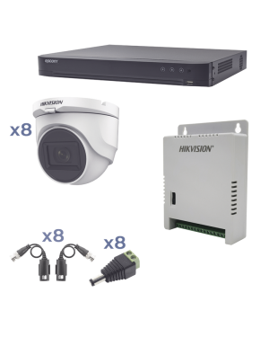 Kit TURBOHD 1080p / DVR 8 Canales / 8 Cámaras Turret (exterior 2.8 mm) / Conectores / Transceptores / Fuente de Poder Profesional hasta 15 Vcc para Larga Distancia