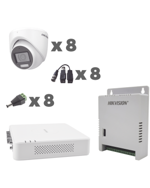 KIT TurboHD 1080p / DVR 8 Canales con audio por coaxitron / 8 Cámaras con Micrófono Integrado 101° Visión/  luz blanca + IR visión nocturna  / Transceptores / Conectores / Fuente de Poder Profesional