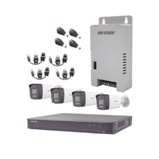 Kit Audio Bidireccional TurboHD 4K-3K / DVR 4 Canales 4K / 4 Cámaras Bala (Exterior) con Bocina y Microfóno Integrado 3K / 1 Fuentes de Poder / Accesorios