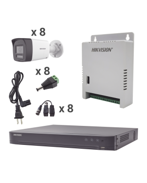 Kit Audio Bidireccional TurboHD 4K-3K / DVR 8 Canales 4K / 8 Cámaras Bala (Exterior) con Bocina y Microfóno Integrado 3K / 1 Fuentes de Poder / Accesorios