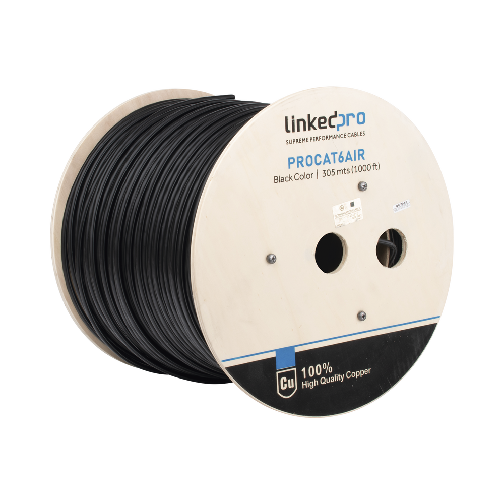 Bobina de Cable FTP con Mensajero de Acero de 305 Metros (1000 Pies) Cat6+ Calibre 23, Color Negro, para Aplicaciones en Video Vigilancia y Redes de Datos / Uso en Intemperie y Aplicaciones A?reas