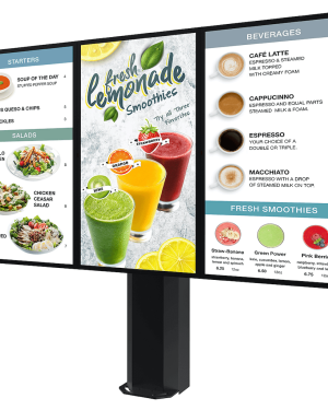 Montaje Tipo Kiosco para exterior compatible con Pantallas de 55″ Samsung OH55AS / Diseño Ultradelgado / METAL / Exterior IP65 / Base Pedestal 8″ / Soporte para 3 pantallas
