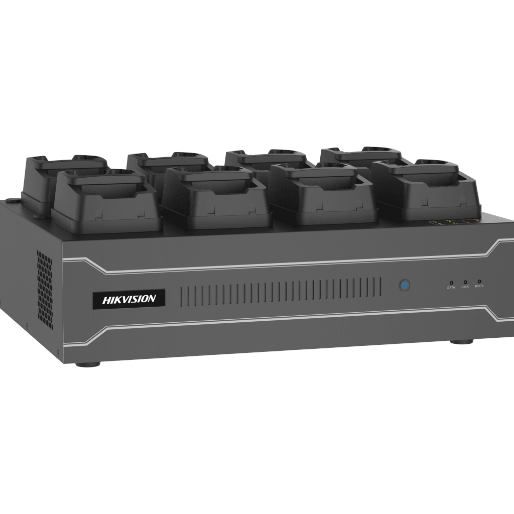 Dock Station de Escritorio con 8 Estaciones de Carga para Body Cams / Doble Interfaz de Red / 4 Bahías de HDD / Carga y Respaldo Automático / Prevención de Pérdida de Datos / Cobertura Cíclica / Reproducción d