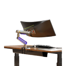 Montaje de Escritorio Ideal Para Monitores Gaming  de  32"- 60" / Capacidad de Carga Maxima 20 Kg / Vesa 75 x 75 -  100 x 100 / Acero / Giro 360° / Color Carbon Mate  con Cubierta  Plastica Color Morado /  Iluminación RGB