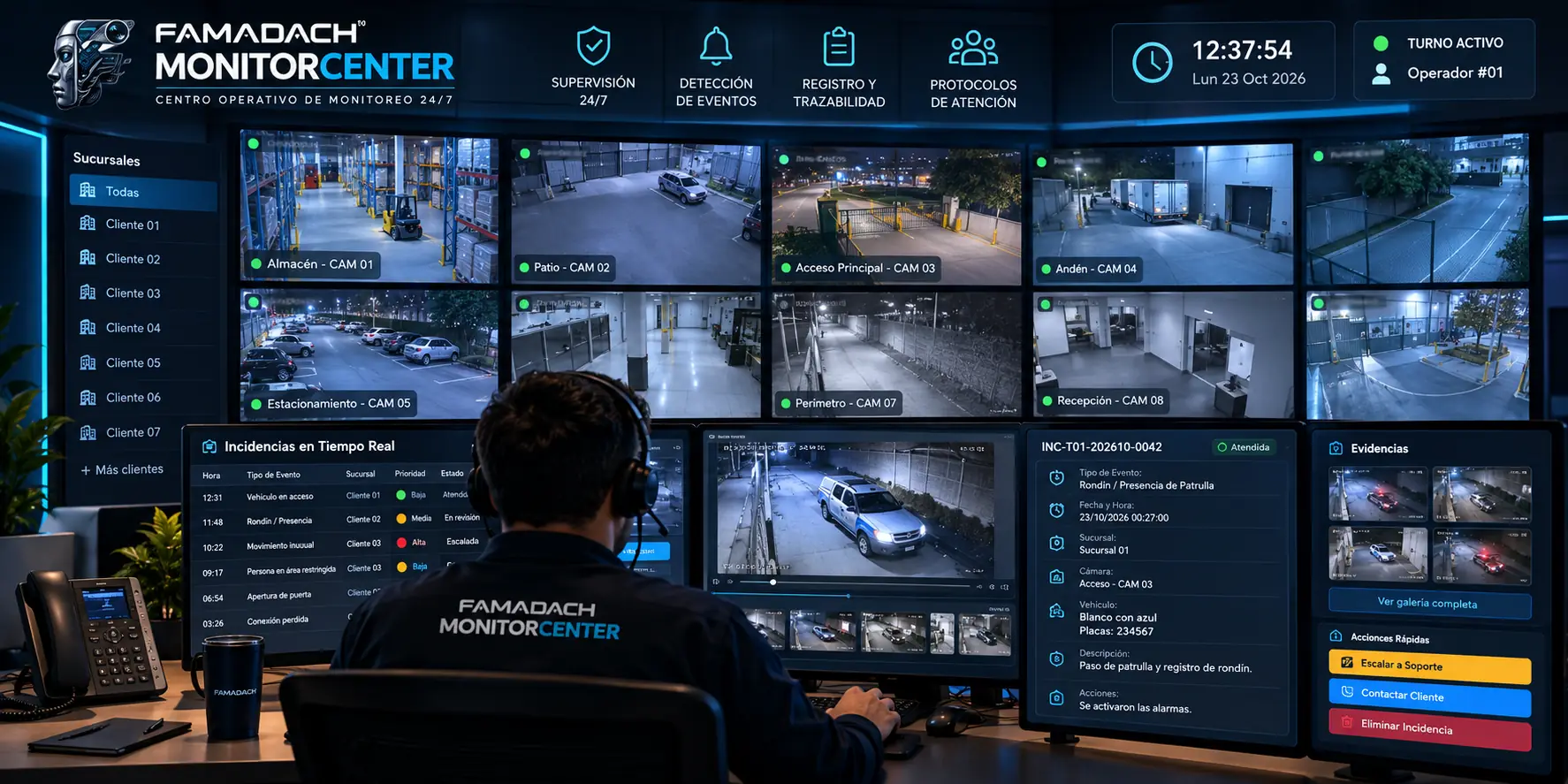 Operador de MonitorCenter FAMADACH supervisando cámaras de seguridad