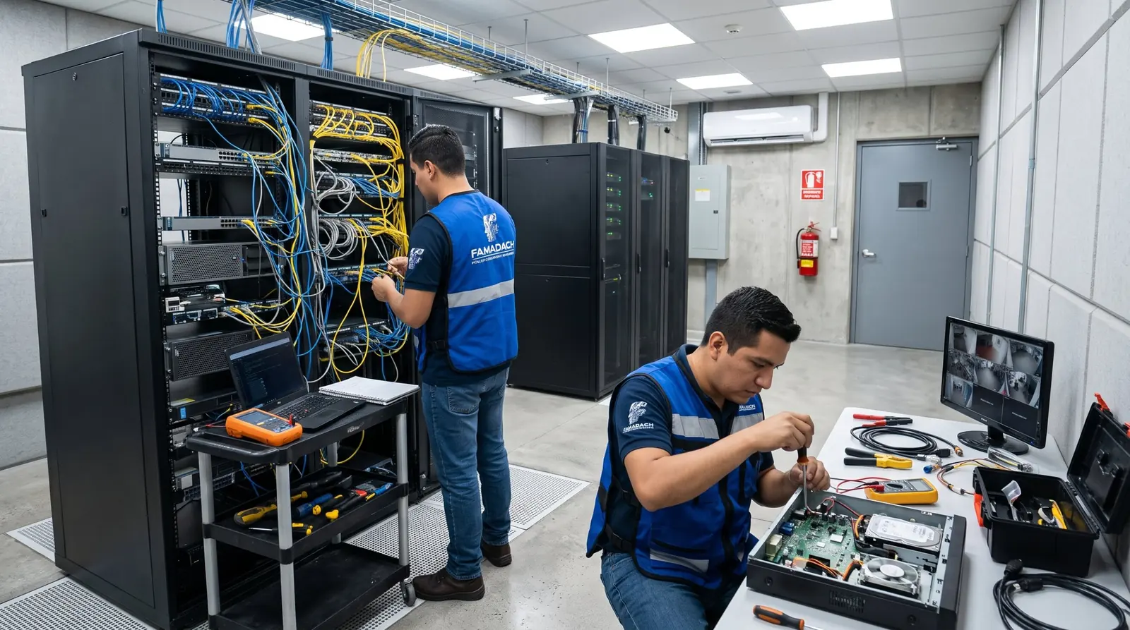 Técnicos dando mantenimiento a un rack de red y un grabador NVR en el site de una empresa