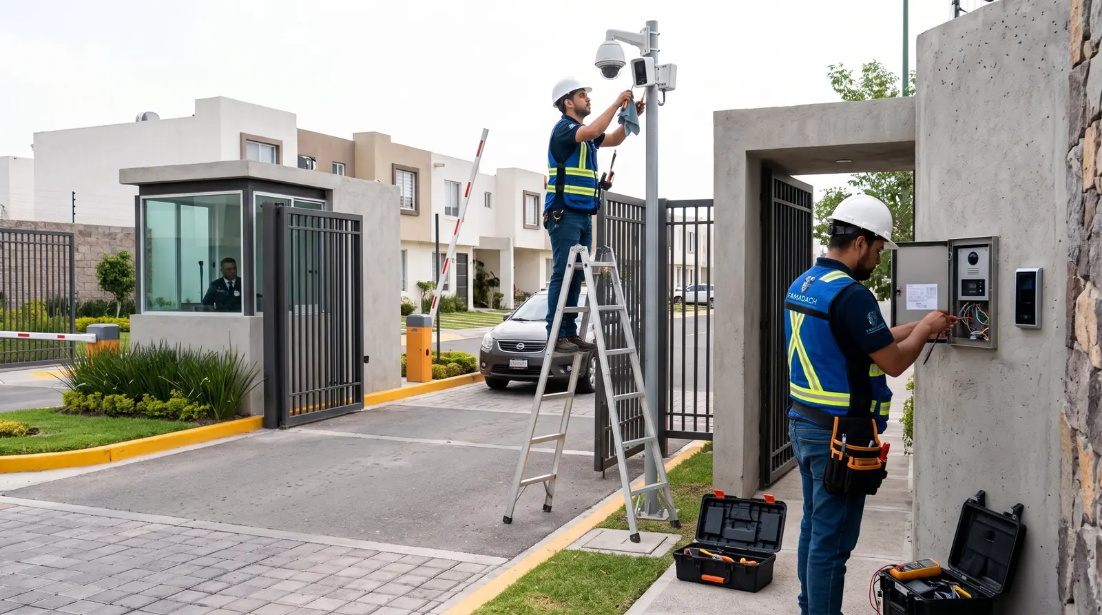 Técnicos dando mantenimiento a la cámara PTZ y al videoportero del acceso de un fraccionamiento