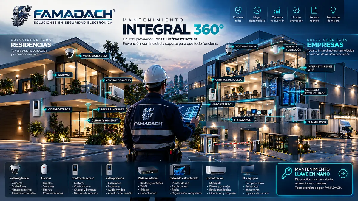 FAMADACH Mantenimiento Integral 360°: un solo proveedor para toda tu infraestructura. Soluciones para residencias y empresas: videovigilancia, alarmas, control de acceso, videoporteros, redes e internet, cableado estructurado, climatización y TI. Mantenimiento llave en mano: diagnóstico, mantenimiento, reparaciones y mejoras coordinados por FAMADACH.