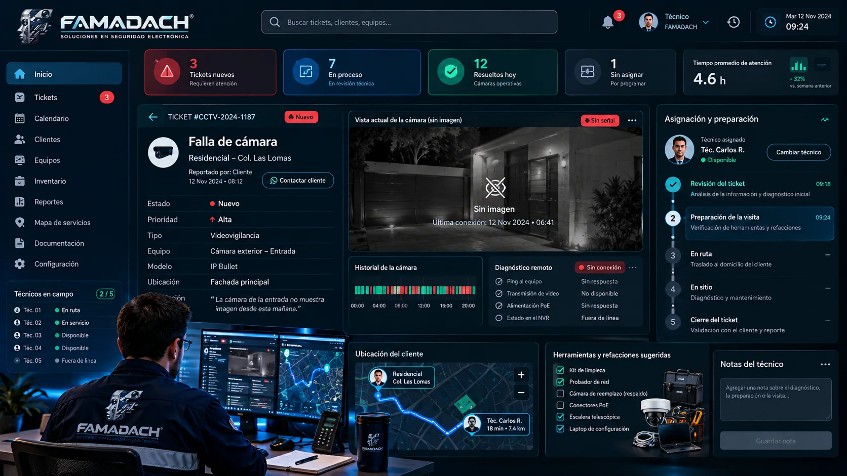 Portal interno de FAMADACH con un ticket de falla de cámara, diagnóstico inicial y preparación de la visita técnica